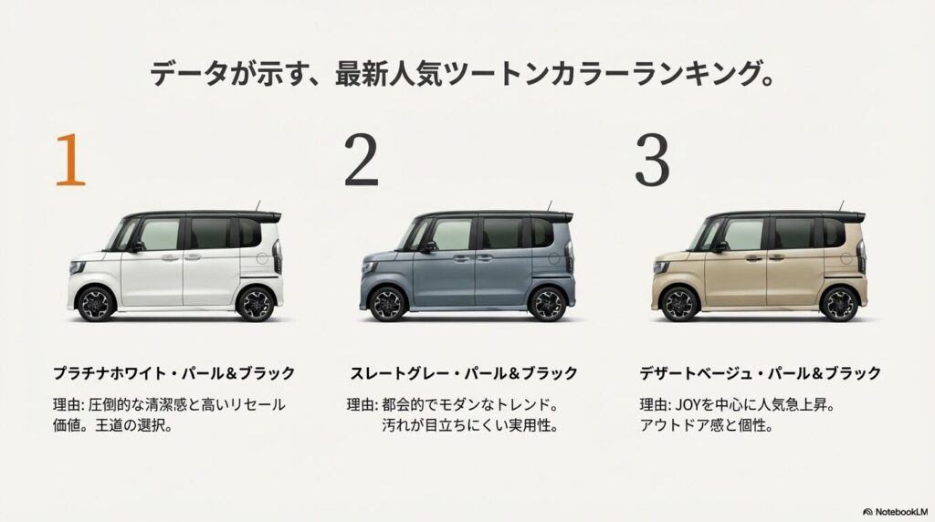 位ホワイトパール、2位スレートグレー、3位デザートベージュのランキングと各色の特徴