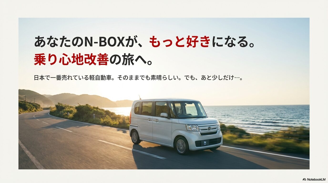 N-BOXが海岸沿いを走行する画像と「乗り心地改善の旅へ」というキャッチコピーのスライド