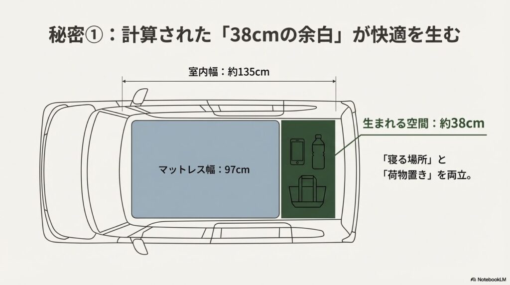 N-BOXの車内に97cm幅のマットを敷いた際に生まれる38cmの荷物置きスペースの図解