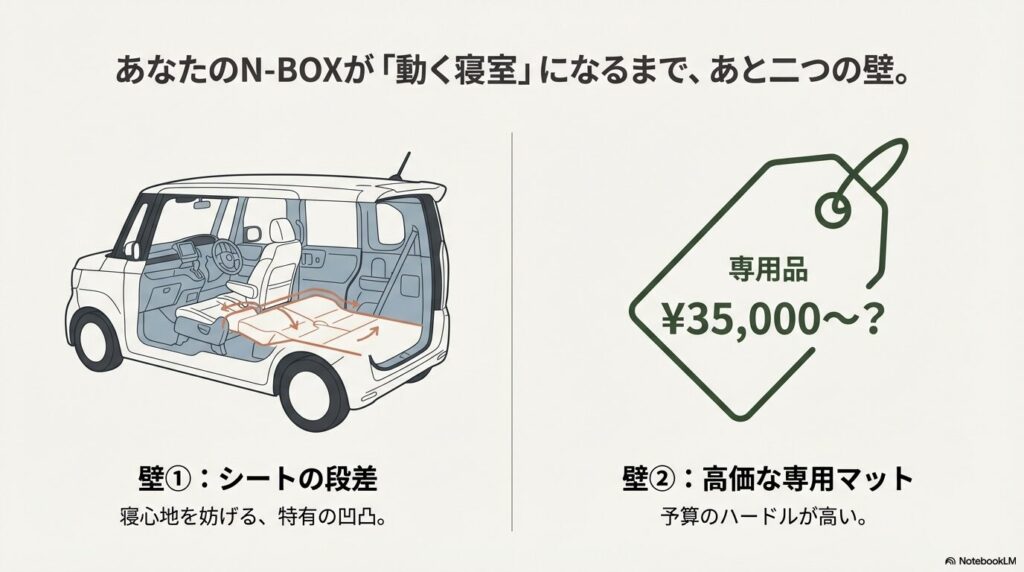 N-BOX車中泊におけるシートの段差問題と専用マットが高価であることの解説図