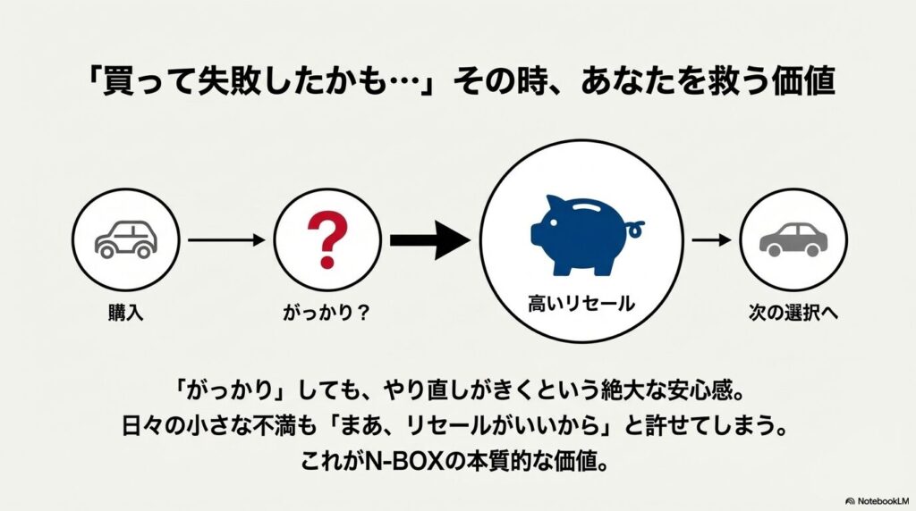 購入後にがっかりしても、高いリセールバリューがあることで「次の選択」へやり直しがきく安心感を説明する図解。