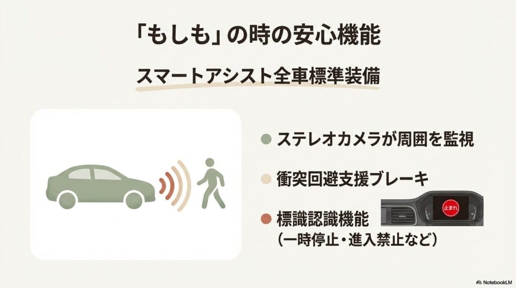 スマートアシストのステレオカメラが周囲を監視し衝突を回避するイメージ