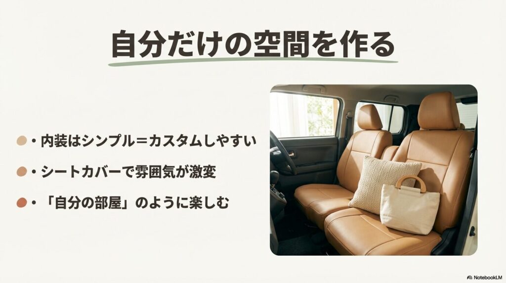 キャメル色のシートカバーを装着し、小物を置いたタフトのおしゃれな内装