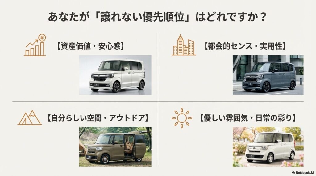 資産価値、都会的センス、自分らしい空間、優しい雰囲気の4項目から選ぶ診断ガイド