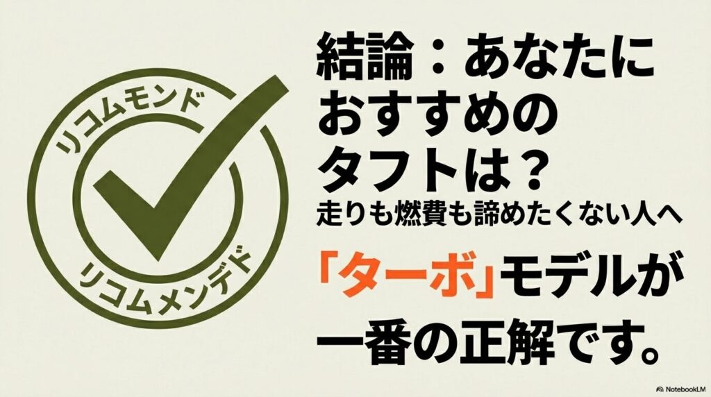 走りも燃費も諦めたくない人にはターボモデルが一番の正解であると推奨するスライド