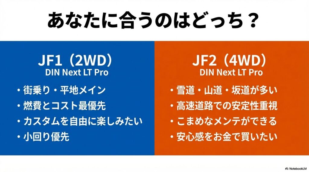 街乗り・コスト優先のJF1（2WD）と、雪道・安定性重視のJF2（4WD）のターゲット比較表