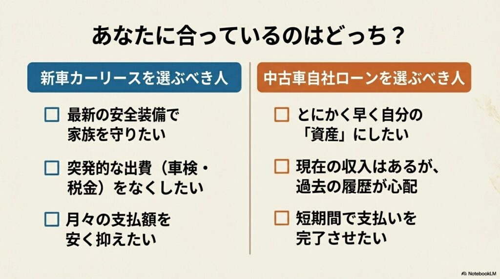 最新装備重視ならリース、早期資産化重視ならローンなど、自分に合う方を選ぶためのチェック項目