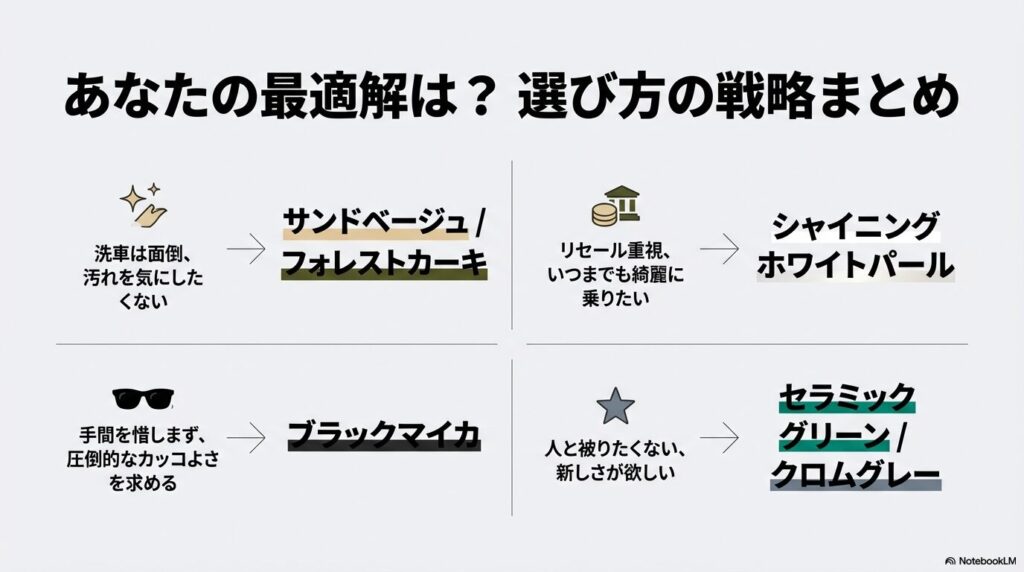 ライフスタイル(洗車頻度、リセール、個性)に合わせたタフトの最適カラー選びの戦略まとめスライド