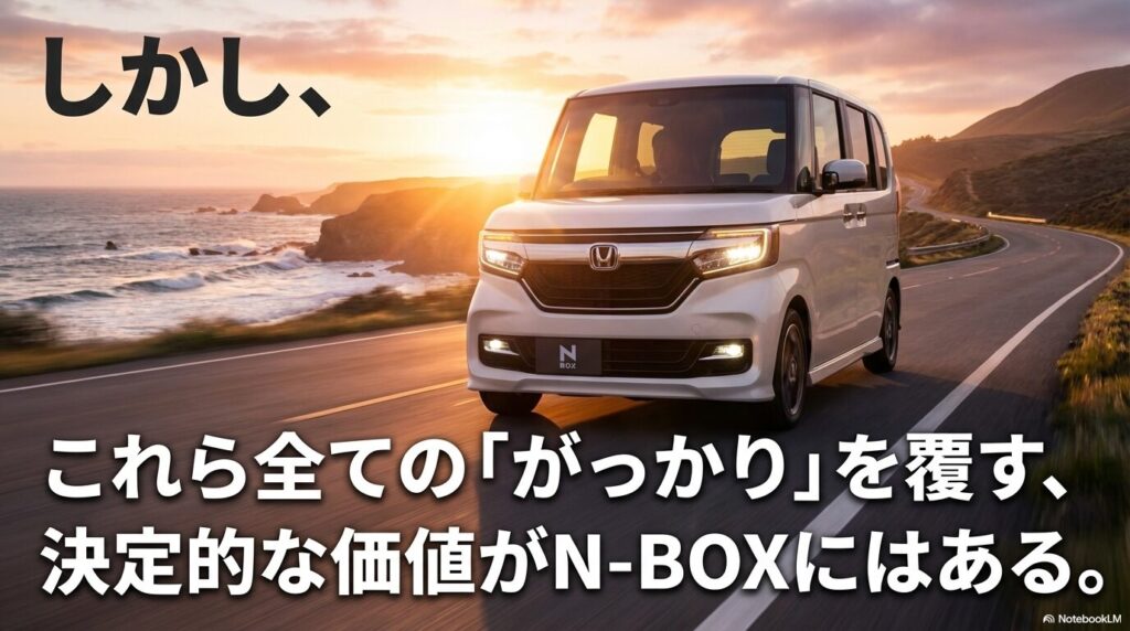 N-BOXにはこれまでの不満をすべて覆す決定的な価値があることを示唆するイメージ画像。