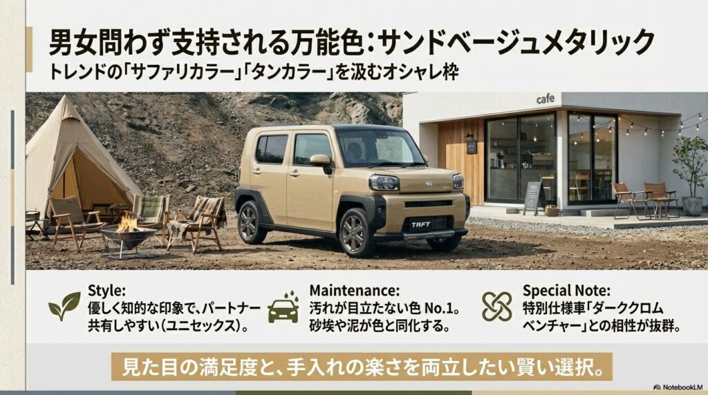 男女問わず支持されるサンドベージュメタリックのスタイル、手入れの楽さ、特別仕様車との相性を解説したスライド