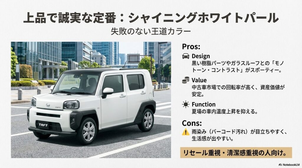 定番のシャイニングホワイトパールのメリット(資産価値、デザイン)とデメリット(雨染み)を解説したスライド