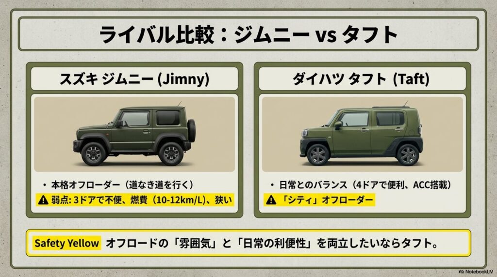 本格オフローダーのジムニーと、日常の利便性を両立したタフトの比較図
