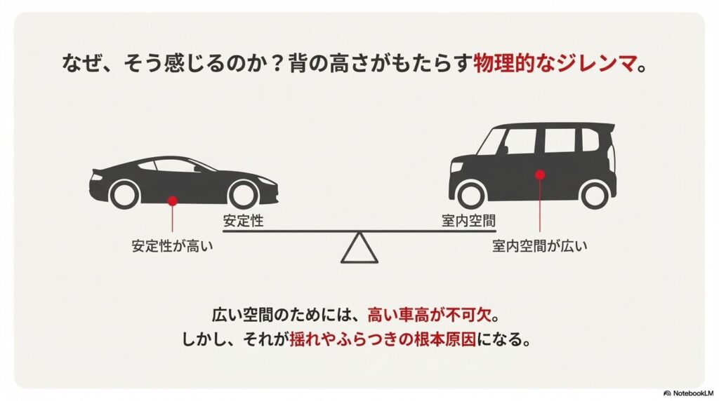 広い室内空間のための高い車高が、揺れやふらつきの根本原因になる物理的な仕組みを解説した図解