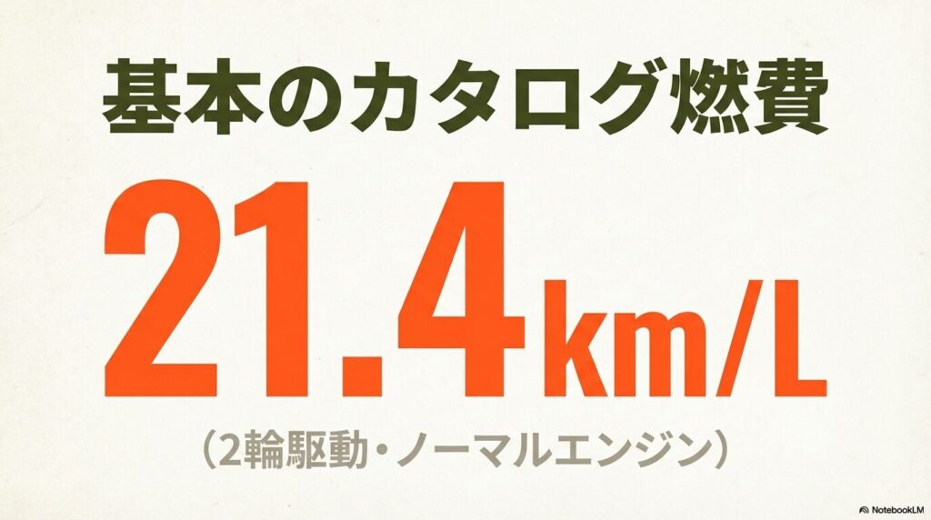 ダイハツタフト2輪駆動・ノーマルエンジンのカタログ燃費21.4km/Lを表示したスライド