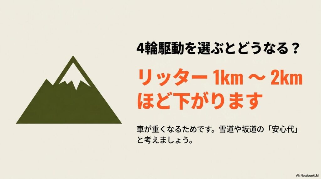 4輪駆動を選ぶと車重が増えるため燃費がリッター1kmから2km下がることを示すスライド
