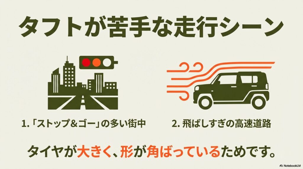 タイヤが大きく角ばった形のタフトが苦手とする、街中のストップアンドゴーと高速道路の飛ばしすぎを解説した図