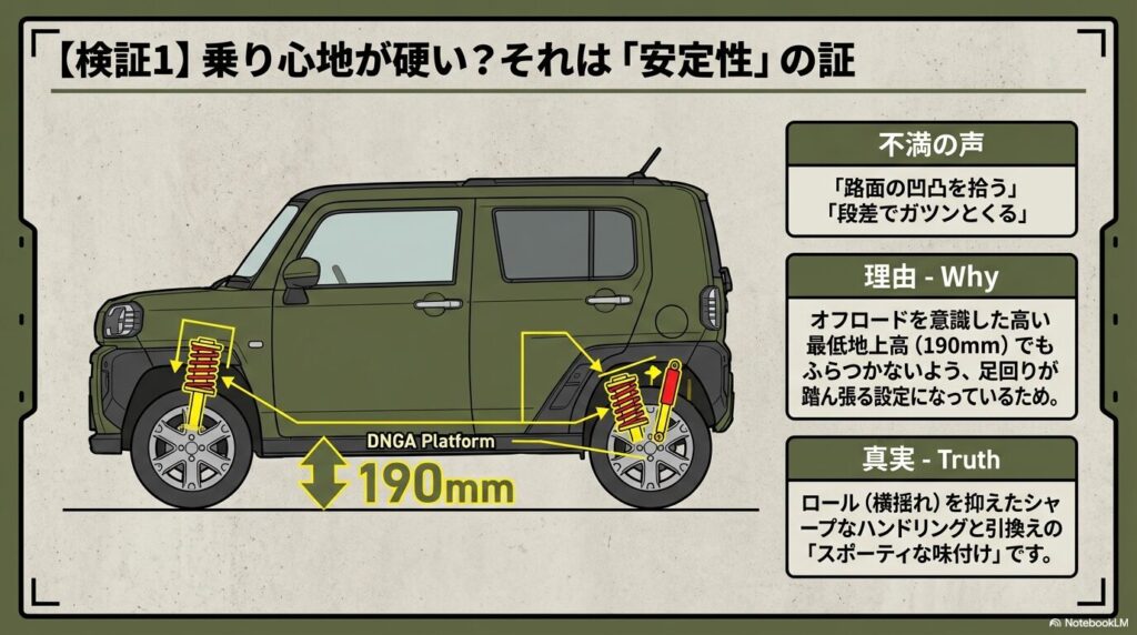 最低地上高190mmを支える足回りのセッティングとDNGAプラットフォームの解説図