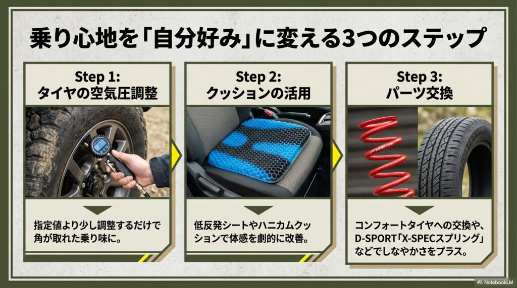 空気圧調整、クッション活用、パーツ交換による乗り心地改善の3ステップ紹介