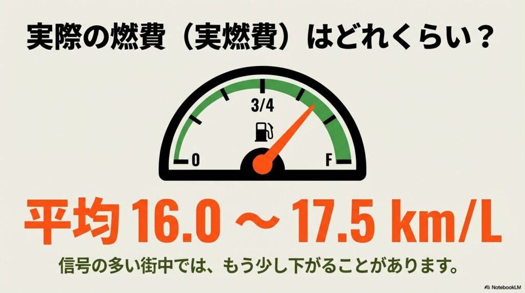 タフトの実燃費が平均16.0から17.5km/Lであることを示す燃費計のイラストスライド