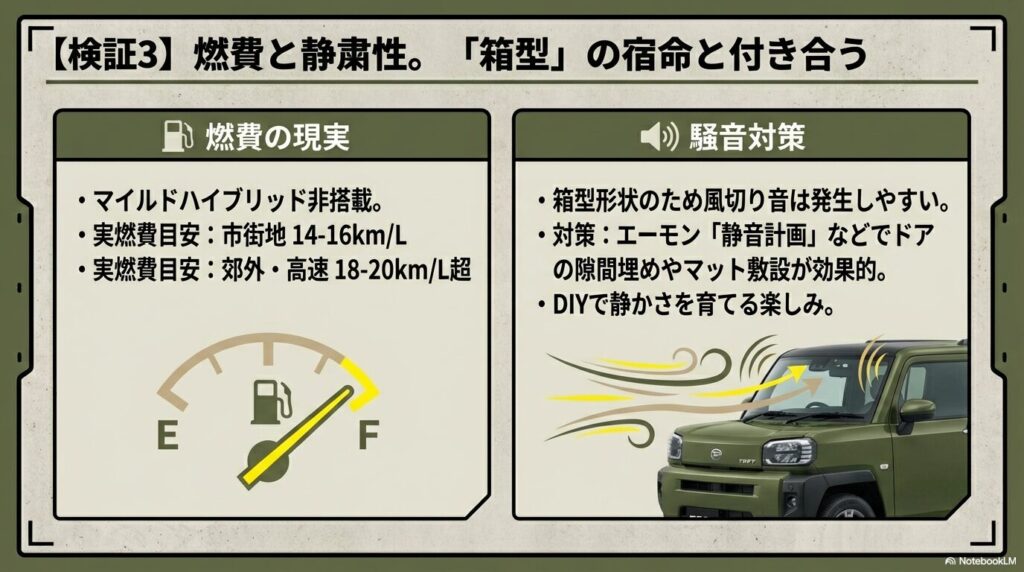 市街地と高速の実燃費目安、および静音化DIYによる騒音対策の解説
