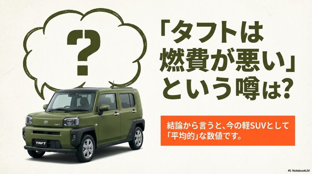 タフトの燃費が悪いという噂に対し、今の軽SUVとして平均的な数値であるという結論を示すスライド