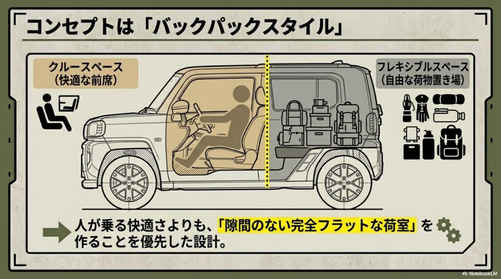快適な前席「クルースペース」と自由な荷室「フレキシブルスペース」の区分け図