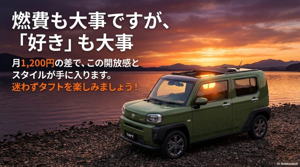 燃費も大事だが好きも大事、月1,200円の差で手に入るスタイルを楽しもうというまとめスライド