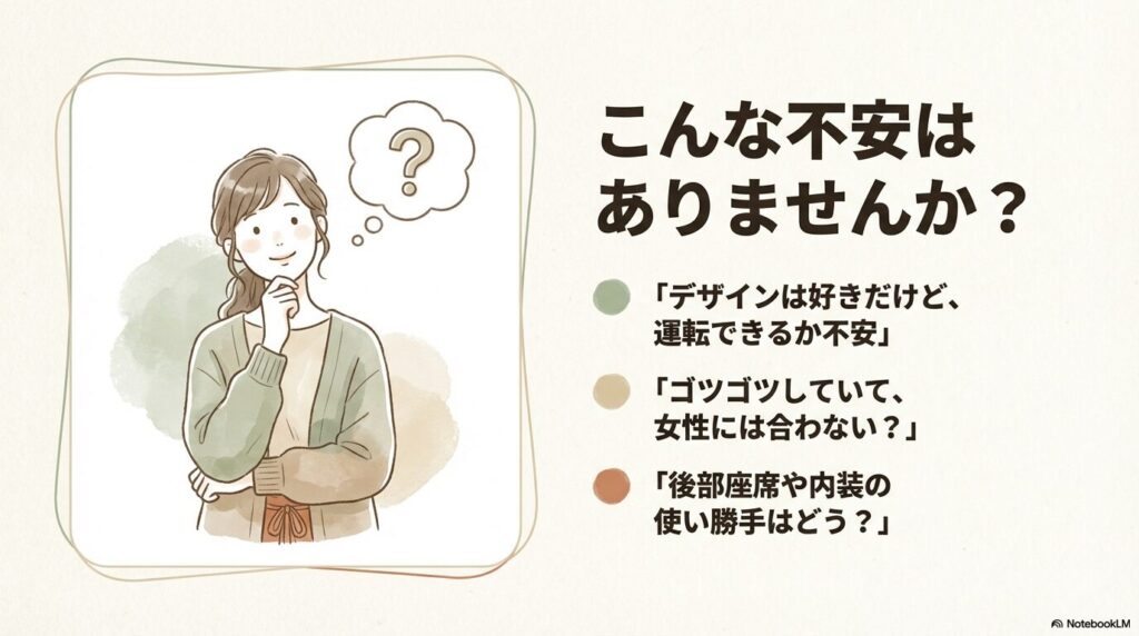 タフトのデザインや運転、使い勝手に不安を感じている女性のイラスト