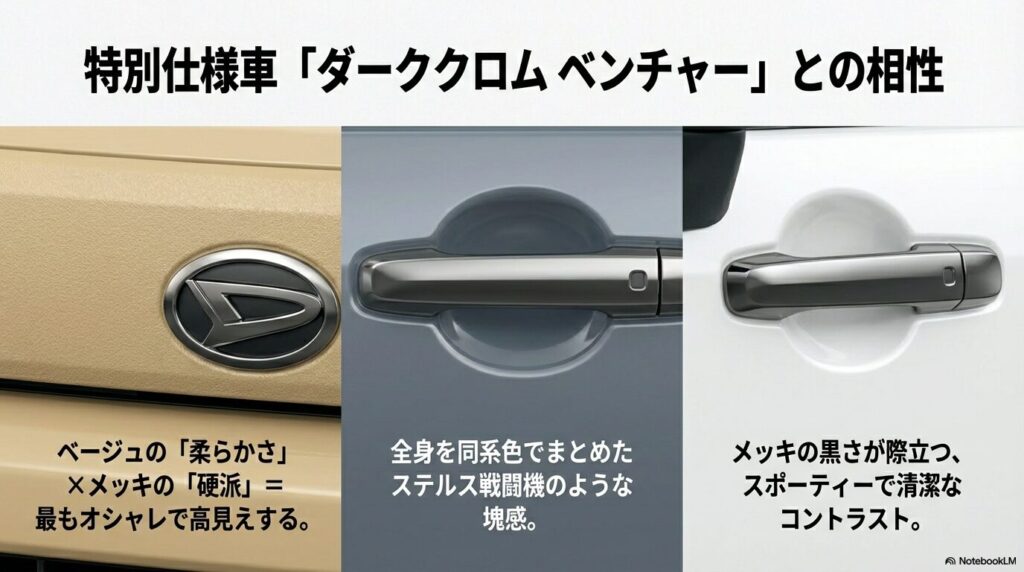 特別仕様車「ダーククロムベンチャー」のパーツと、各ボディカラーの相性(ベージュ、ブラック、ホワイト)を解説したスライド