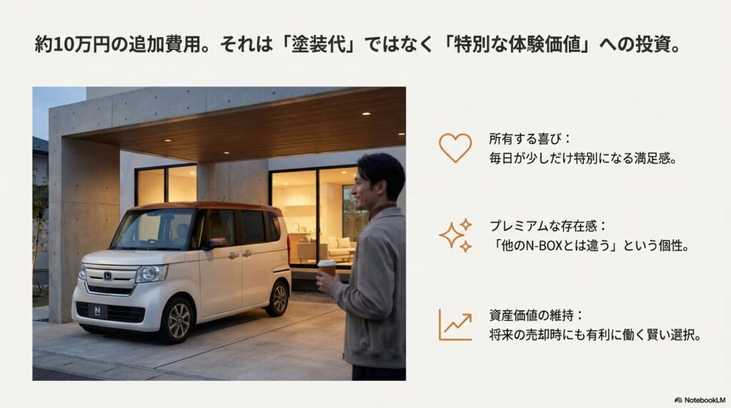 約10万円の追加費用が「所有する喜び」「プレミアム感」「資産価値」に繋がることを示す図解