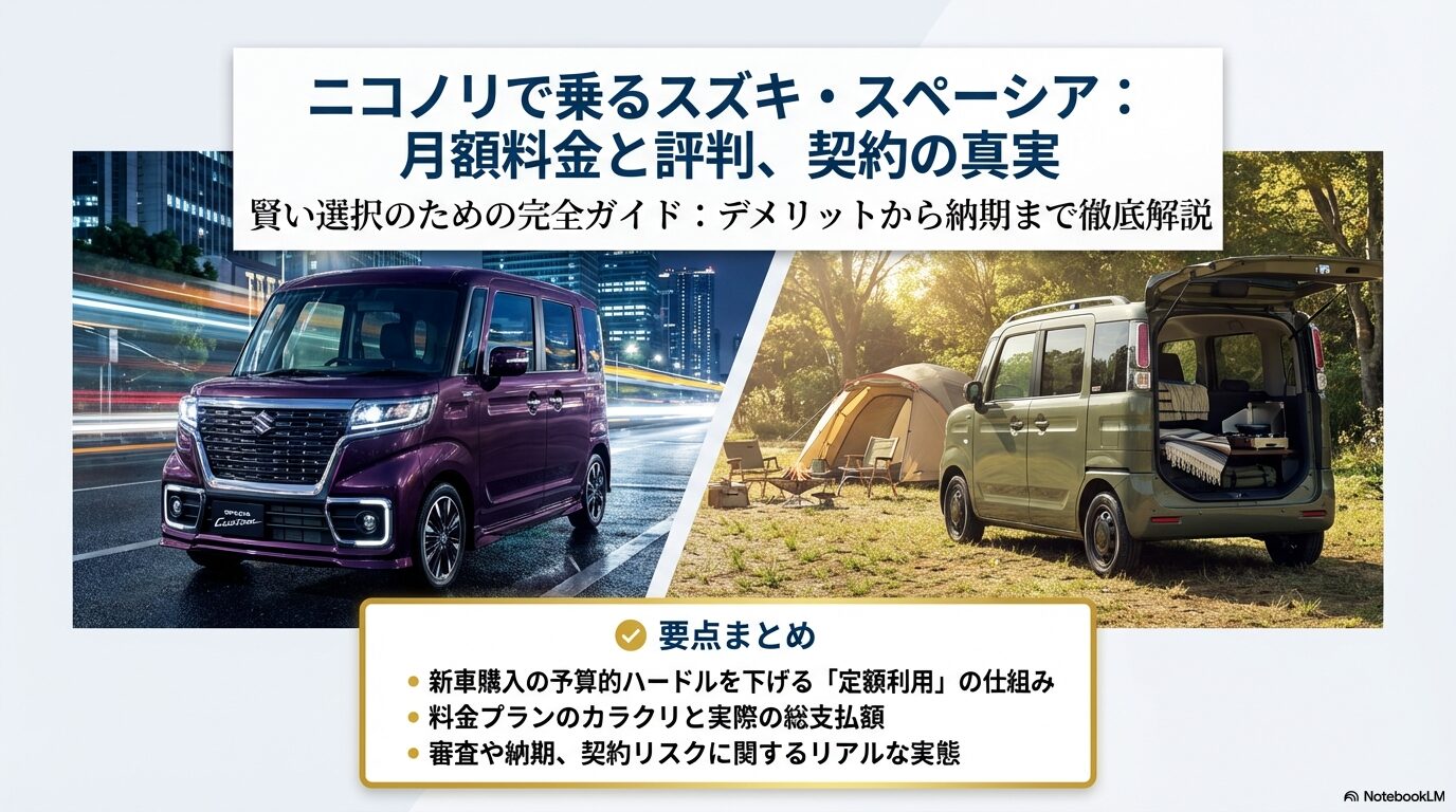 ニコノリのスズキ・スペーシアの月額料金と評判を解説するスライドの表紙