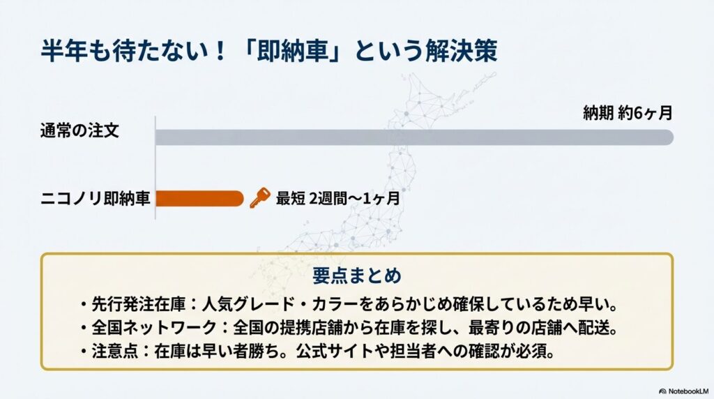 通常の車両注文とニコノリ即納車の納期期間を比較した図解