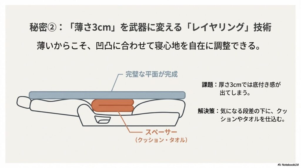 3cmの薄いマットの下にクッションやタオルをスペーサーとして敷き段差を解消する方法