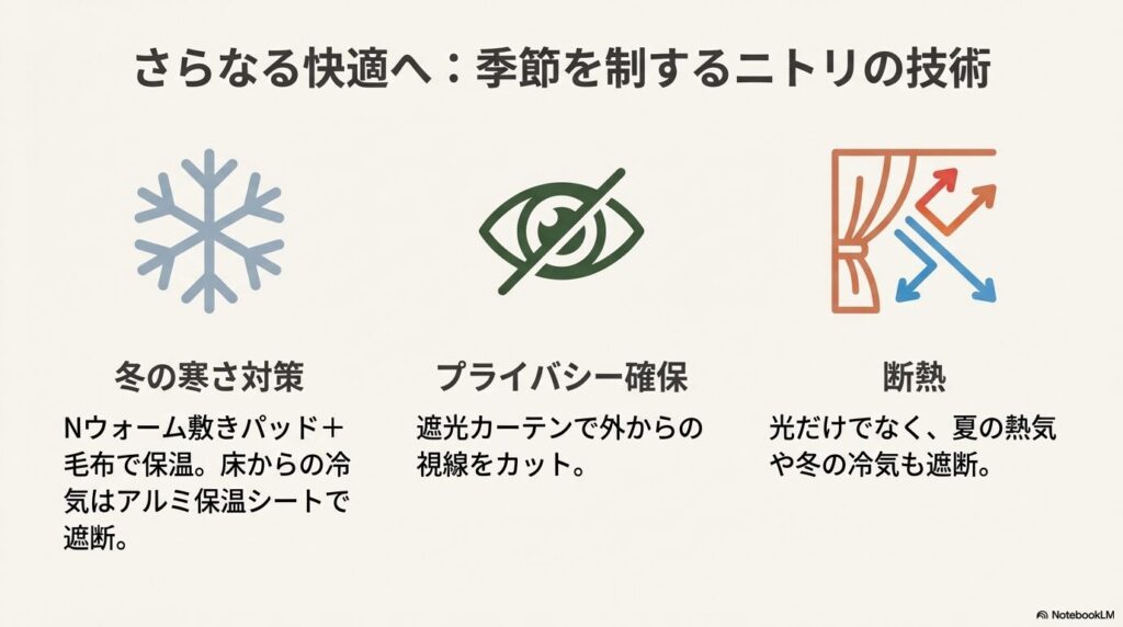 Nウォームによる防寒対策と遮光カーテンによる断熱・プライバシー保護の解説