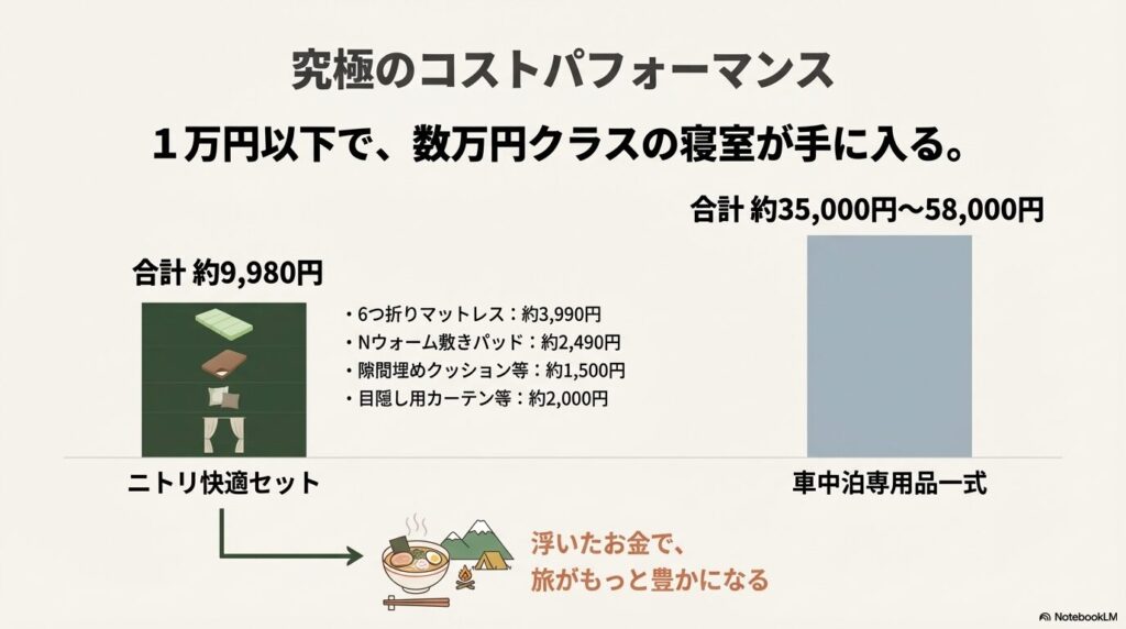 ニトリで揃えたセット（約9,980円）と専用品一式の価格差を示す比較図