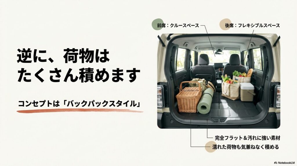 タフトの荷室にアウトドア用品や買い物の荷物がたくさん積まれている様子