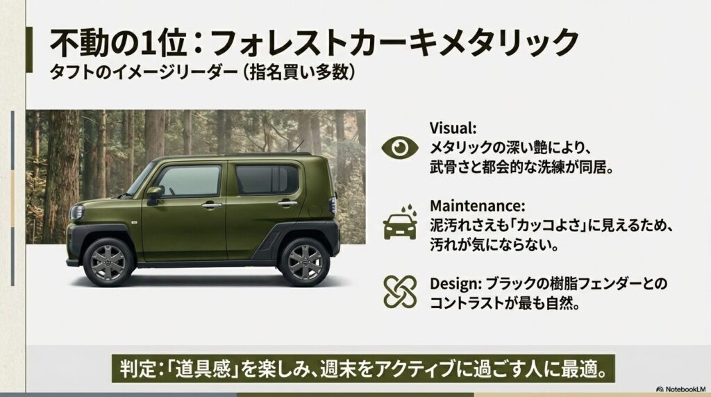 不動の人気1位、フォレストカーキメタリックの魅力、汚れの目立ちにくさ、デザイン性をまとめたスライド