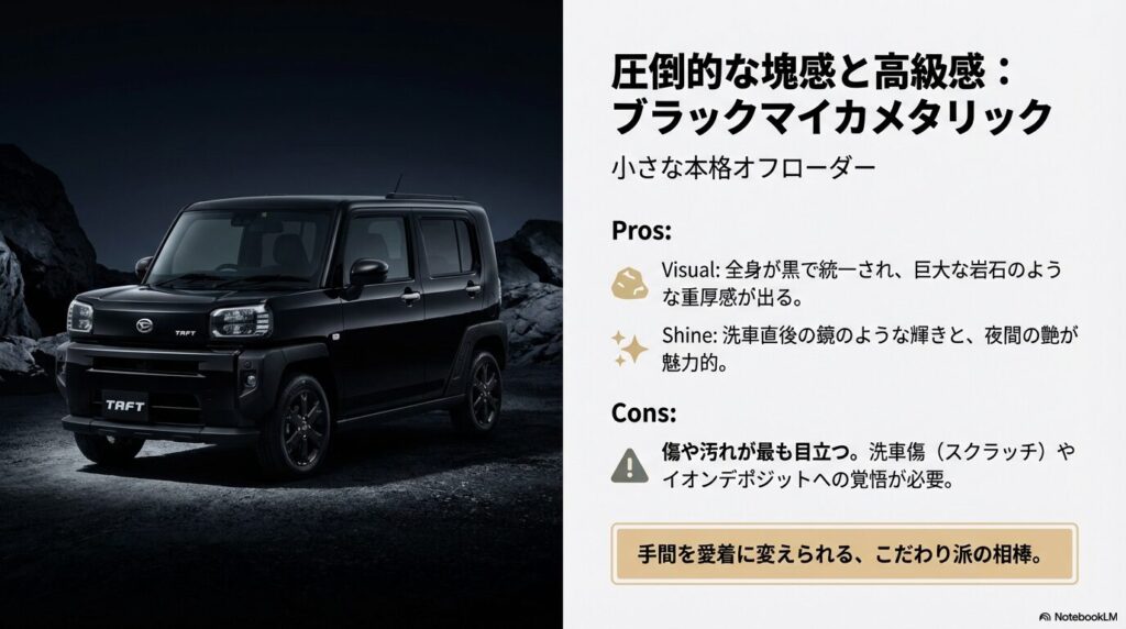 圧倒的な高級感を放つブラックマイカメタリックの魅力と、メンテナンス上の覚悟についてまとめたスライド