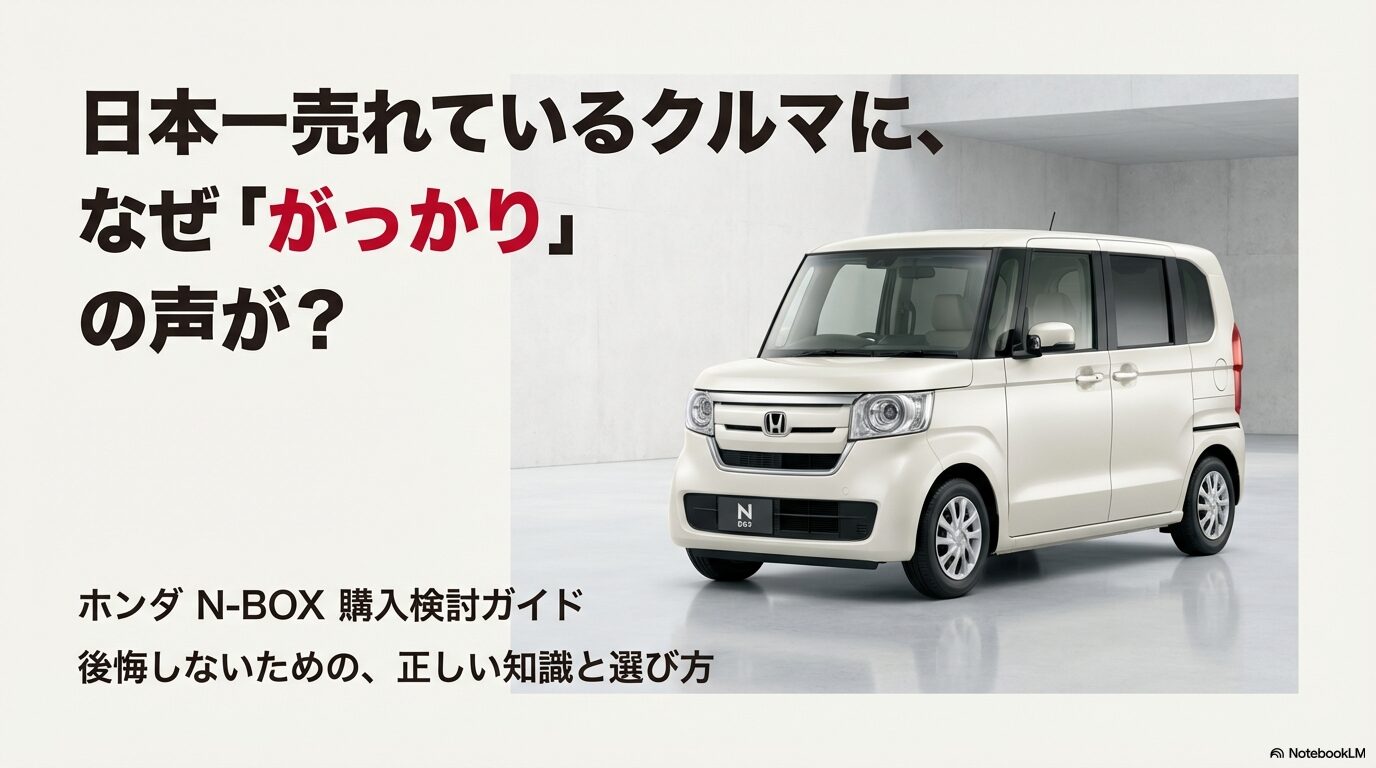 ホンダN-BOX購入検討ガイド。日本一売れているクルマになぜがっかりの声があるのかを解説するスライド。