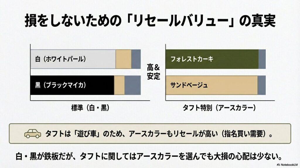 タフトにおける白・黒およびアースカラーの売却価格の傾向と指名買い需要についてまとめたスライド