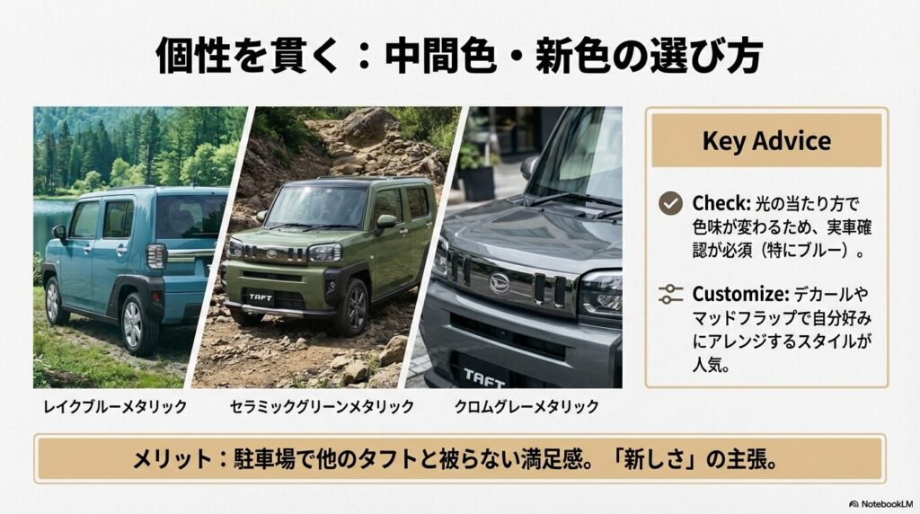 レイクブルーや新色の選び方のコツ(実車確認、カスタマイズ)と、周囲と被らないメリットを解説したスライド