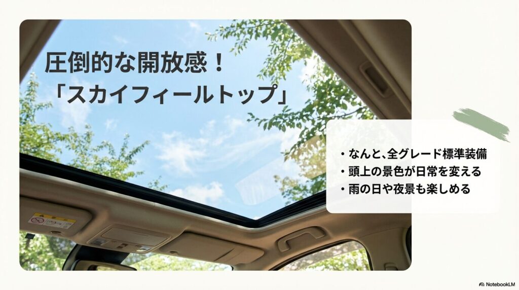 タフトの車内からスカイフィールトップ越しに青空が見える様子