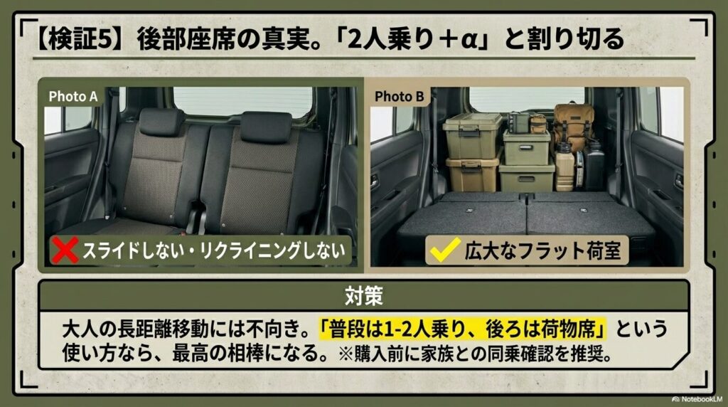 スライド・リクライニングしない後席と、その代わりに実現した隙間のないフラットな荷室の比較写真