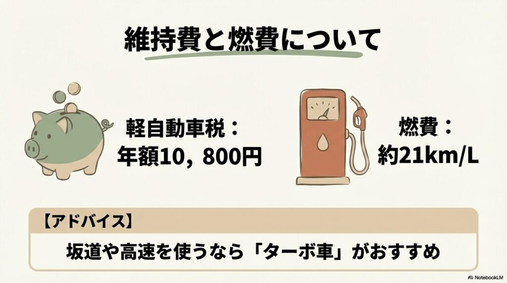 タフトの軽自動車税10,800円と燃費約21km/Lを示す図