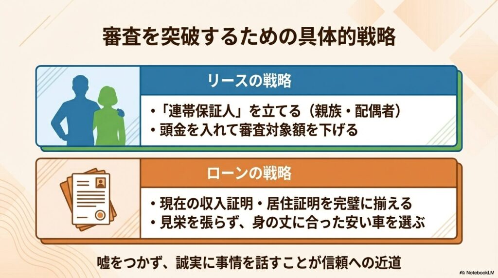連帯保証人の設定、頭金の活用、必要書類の準備など、車の審査を通すための具体的な対策リスト
