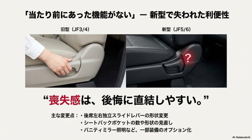 新旧N-BOXのレバー形状比較。後席スライドレバーの変更やシートバックポケットの見直しなど、新型で失われた利便性を解説。
