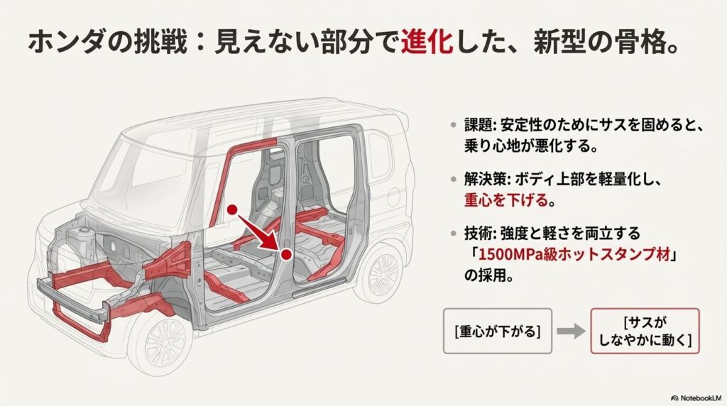 1500MPa級ホットスタンプ材の採用により、ボディ上部を軽量化して重心を下げ、サスを動かす構造の解説図
