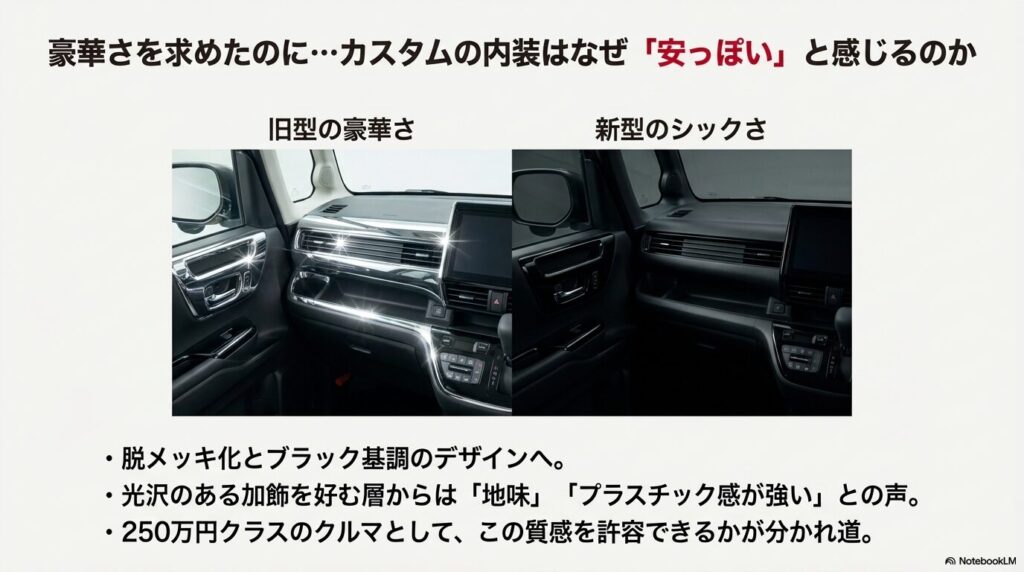 旧型の豪華な加飾と、新型のシックなデザインを比較。脱メッキ化によりプラスチック感が強いと感じる層がいることを示す画像。