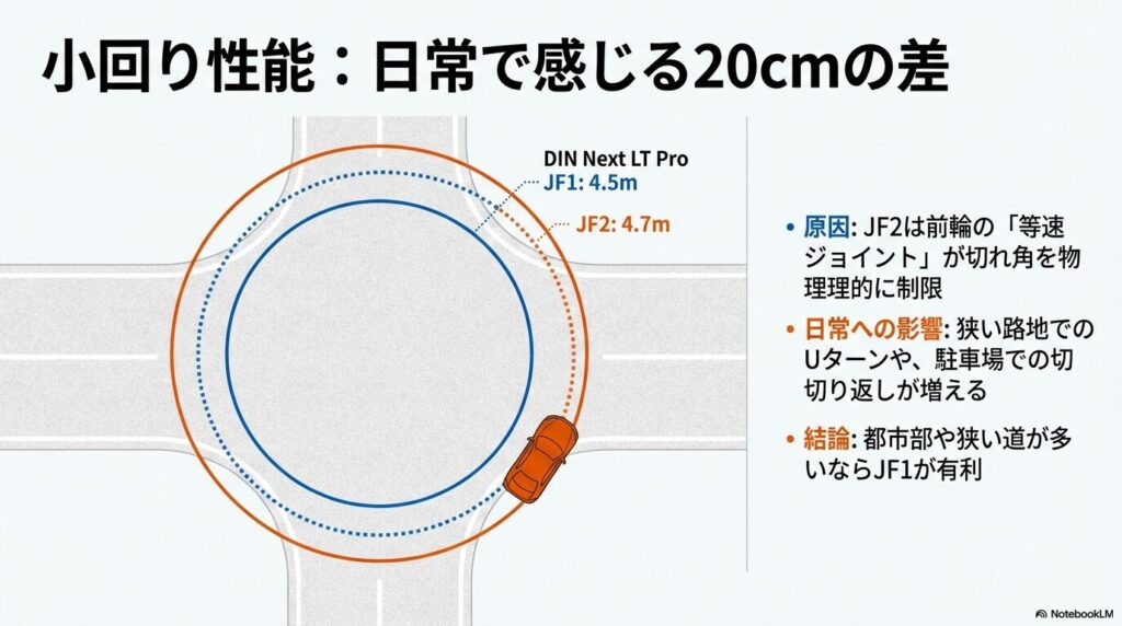 JF1(4.5m)とJF2(4.7m)の最小回転半径を比較した、狭い路地でのUターンのしやすさの違い