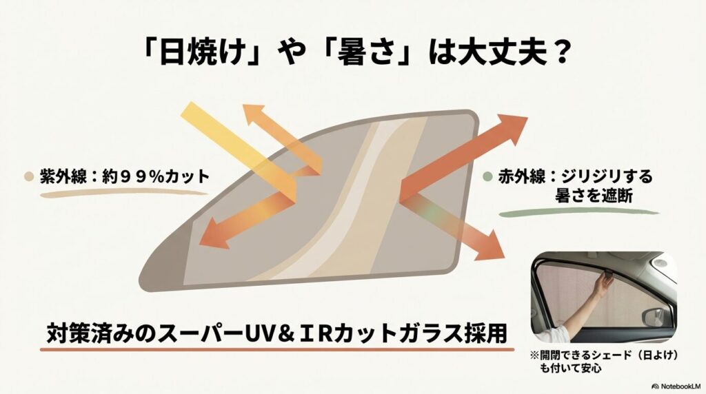 スカイフィールトップのUV・IRカット機能と開閉できるシェードの説明